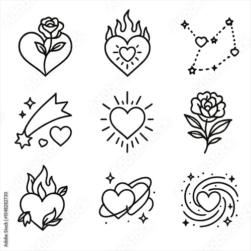 Celestial Heart Icons. Line style icons of celestial heart symbolism: moon and rose heart, sun flame heart, constellation with