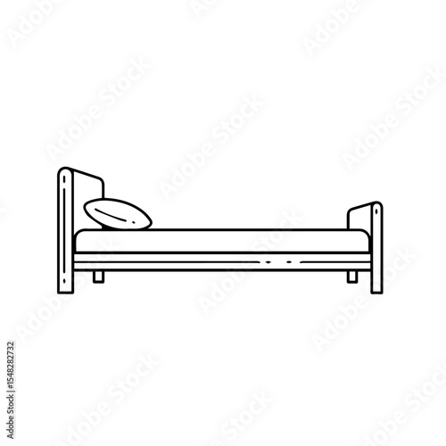 Simple bed with pillow and headboard. Comfortable single bed design for bedroom interior. Modern single bed illustration perfect for furniture catalog or home decor website.