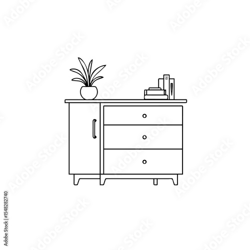 Simple chest of drawers with cabinet and plant. Modern chest of drawers design includes storage space and a small cabinet.