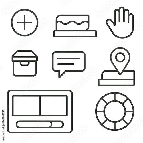 Dock Interface Icons. Line style icons of dock interface UI: action button icon, dock map segment, interact hand symbol, loot