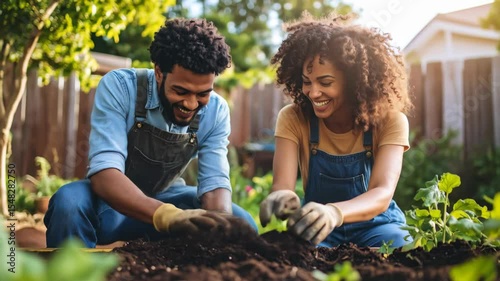 Happy couple tending a garden planting seedlings Smiling together Bright sunlight filters through green leaves New life blooming in the backyard Enjoying nature together