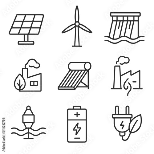 Renewable Energy Icons. Line style icons of renewable energy sources: solar panel, wind turbine, hydroelectric dam, geothermal