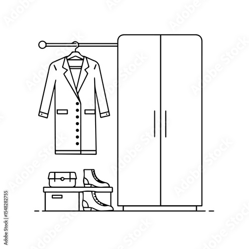 Modern wardrobe with coat, boots, and handbag. Stylish closet interior design includes a double-door wardrobe, coat hanger, storage box, and footwear.