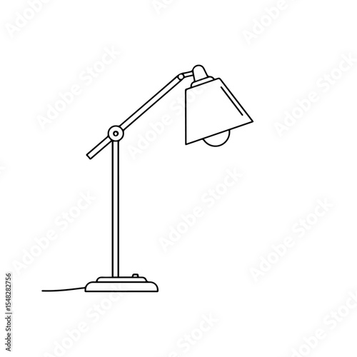Simple desk lamp with adjustable arm and conical shade. This minimalist desk lamp design features a sturdy base and a flexible arm for optimal light positioning.