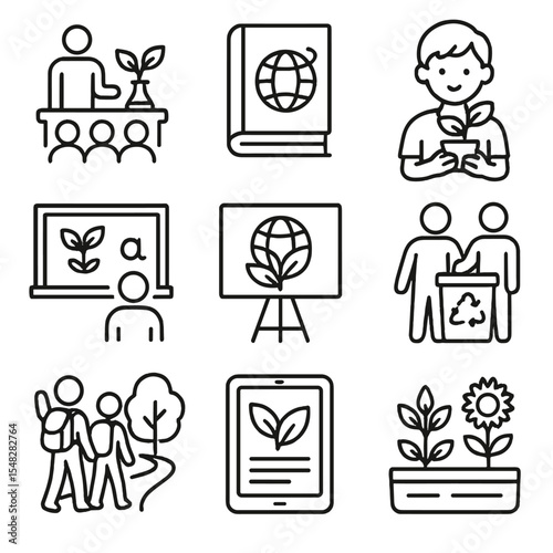 Eco Education Icons. Line style icons of environmental education: eco workshop icon, climate science book, student with seedling,