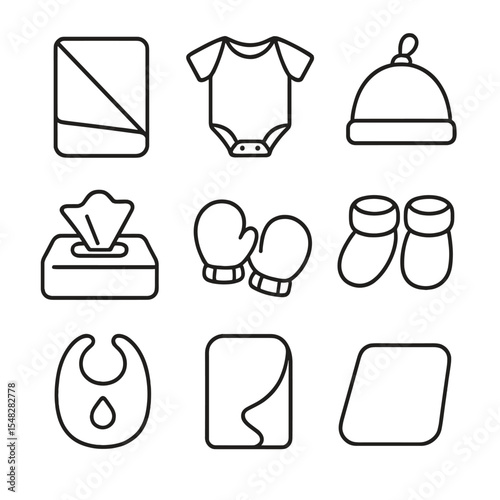 Newborn Essentials Icons. Line style icons of newborn essentials: baby blanket, baby onesie, newborn hat, baby wipes, baby mittens