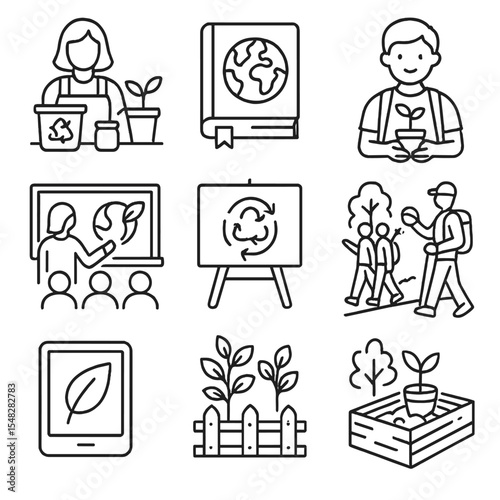 Eco Education Icons. Line style icons of environmental education: eco workshop icon, climate science book, student with seedling,