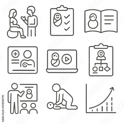 Parenting Education Icons. Line style icons of parenting education and prep: prenatal class icon, baby care checklist, parenting