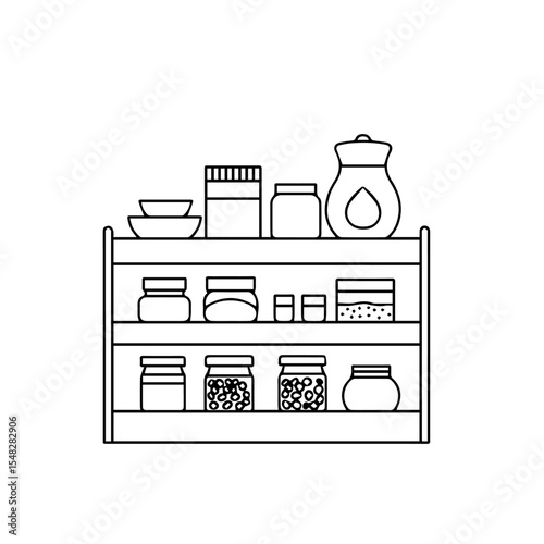 Organized pantry with various jars and containers. Kitchen storage includes glass jars, spice containers, and bowls. Stylish pantry organization concept for home design and cooking blogs.