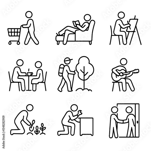 Weekend Routine Icons. Line style icons of weekend routine silhouettes: grocery shopping, relaxing on couch, attending hobby class