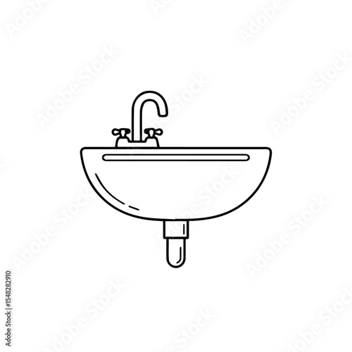 Simple bathroom sink with faucet and drain. Clean sink design for bathroom renovation projects. Modern sink illustration ideal for interior design plans and home improvement guides.
