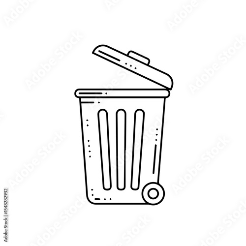 Open trash can with lid and wheel. Trash container design for waste disposal. Simple trash can illustration for recycling and waste management.