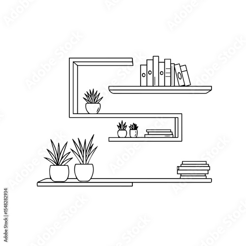 Modern floating shelves design with potted plants and books. Stylish shelving unit provides storage solution for home organization.  Floating shelves concept for interior design projects.