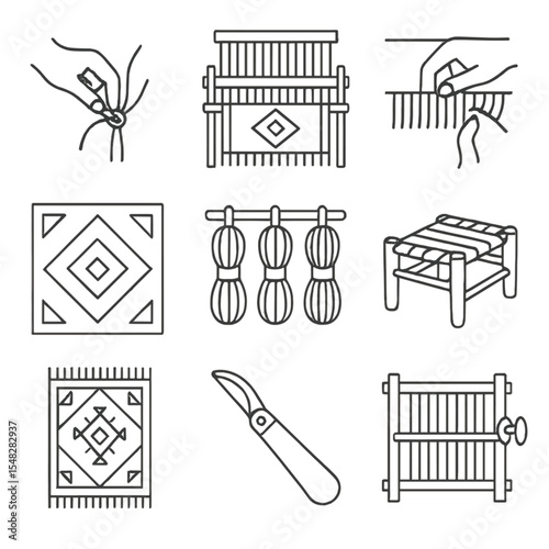 Rug Weaving Icons. Line style icons of rug and carpet weaving: hand tying knot, loom with rug, fringe finishing, geometric pattern