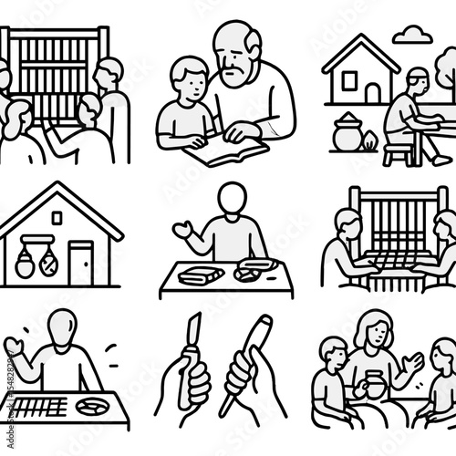 Community Heritage Icons. Line style icons of community heritage workshops: group around loom, elder teaching child, artisan in