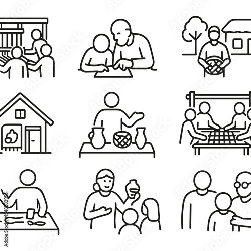 Community Heritage Icons. Line style icons of community heritage workshops: group around loom, elder teaching child, artisan in