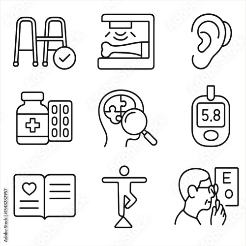 Senior Wellness Icons. Line style icons of senior wellness checkup: walking aid check, bone density test, hearing aid symbol,