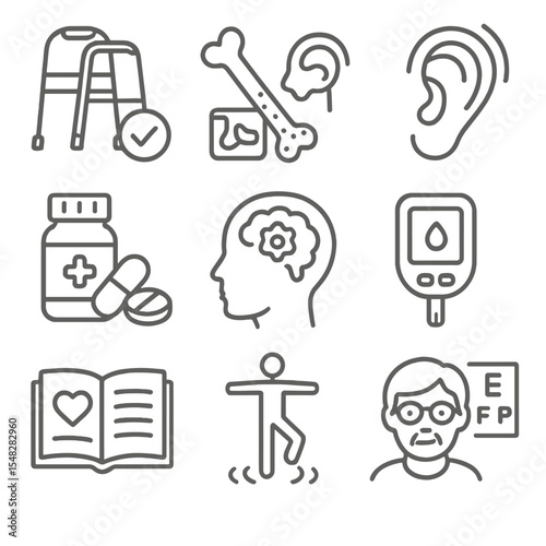 Senior Wellness Icons. Line style icons of senior wellness checkup: walking aid check, bone density test, hearing aid symbol,