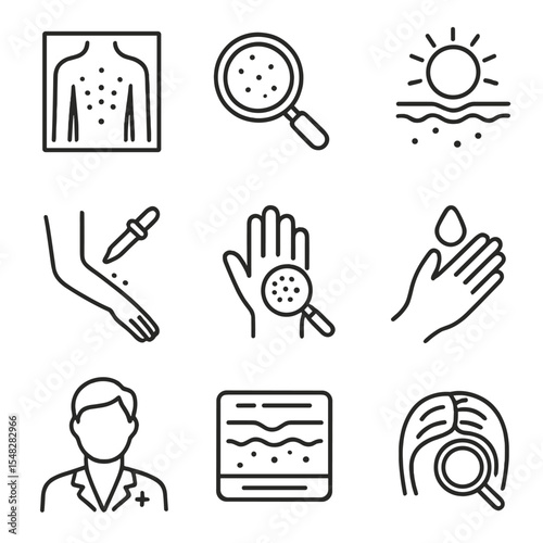 Dermatology Icon Set. Line style icons of skin and dermatology checkup: mole mapping chart, magnifying skin glass, UV damage check