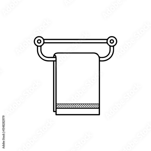 Bathroom towel hanging on towel rack. Clean cotton towel on wall mounted bar. Simple bathroom interior design element. Towel rack design for modern bathroom.