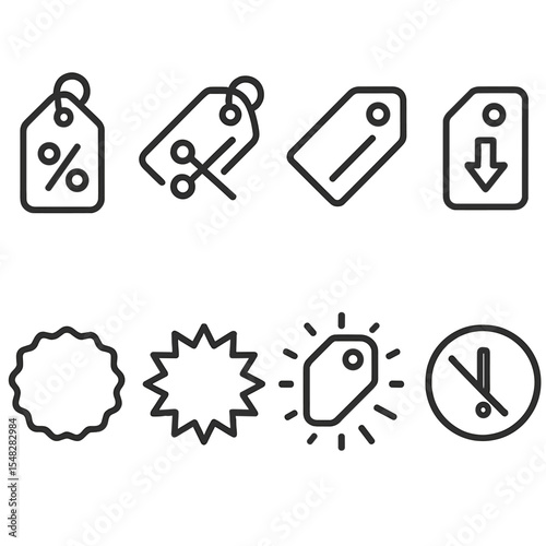Clearance Sale Icons. Line style icons of clearance sale tags: bold percentage tag, sale tag with scissors, price slash icon, tag