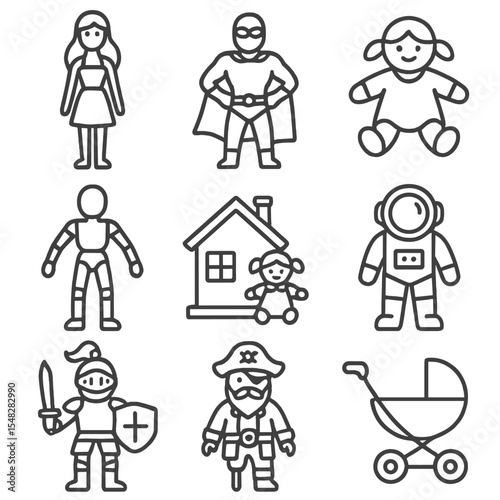 Line Style Toy Icons. Line style icons of dolls and action figures: fashion doll, superhero figure, soft body doll, poseable