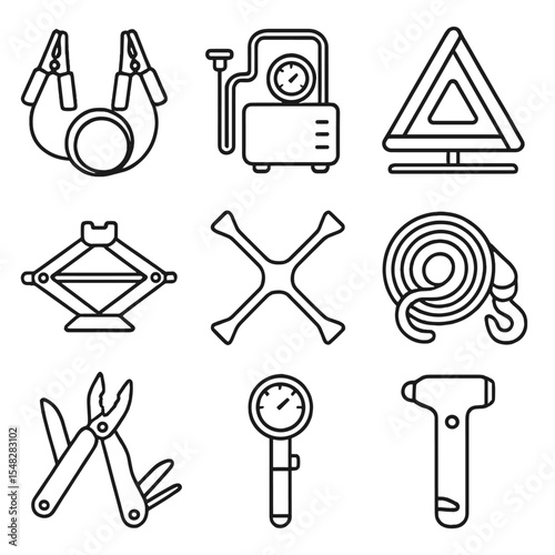 Car Emergency Icons. Line style icons of essential car emergency tools: jumper cables, tire inflator pump, reflective triangle,