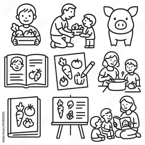 CSA Kids Icons. Line style icons of CSA for kids and families: child with mini veggie box, parent and child at pickup, farm animal