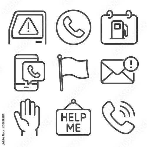 Roadside Aid Icons. Line style icons of roadside communication aids: help sign for window, emergency call button, “need gas” sign,