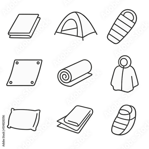 Emergency Gear Icons. Line style icons of emergency shelter gear: mylar blanket, pop-up tent, emergency sleeping bag, tarp sheet,