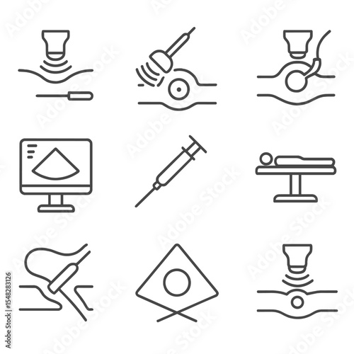 Interventional Ultrasound Icons. Line style icons of interventional ultrasound procedures: needle guided by ultrasound, biopsy