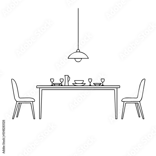 Simple dining room table setting with chairs and pendant lamp. Image shows simple table setting perfect for restaurant menu or cafe brochure.
