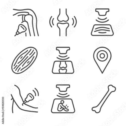 Musculoskeletal Ultrasound Icons. Line style icons of musculoskeletal ultrasound: shoulder scan, joint with soundwaves, tendon