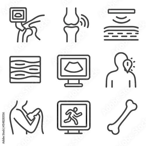 Musculoskeletal Ultrasound Icons. Line style icons of musculoskeletal ultrasound: shoulder scan, joint with soundwaves, tendon