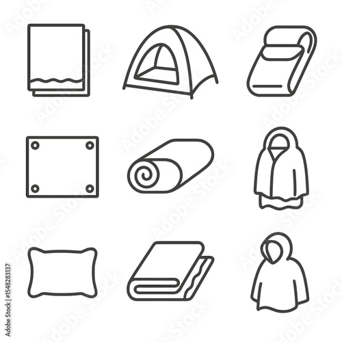 Emergency Gear Icons. Line style icons of emergency shelter gear: mylar blanket, pop-up tent, emergency sleeping bag, tarp sheet,