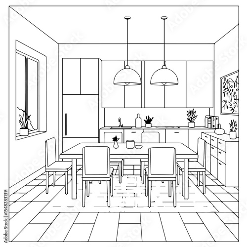 Modern kitchen and dining room design Image. This modern kitchen and dining room features sleek cabinets, a large dining table with chairs, and pendant lighting.