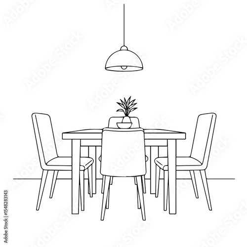 Simple dining room table with four chairs and pendant lamp. Image shows a minimalist design for home decor.