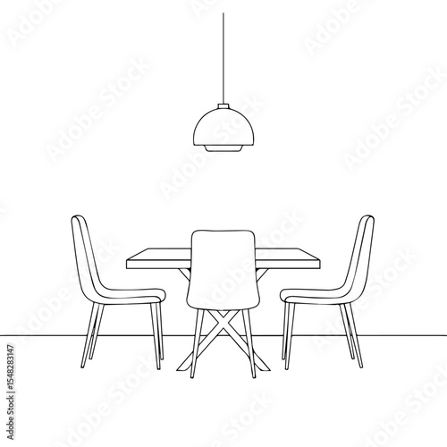 Simple dining room sketch Image. Minimalist line art drawing of dining table and chairs. Image shows simple modern furniture.