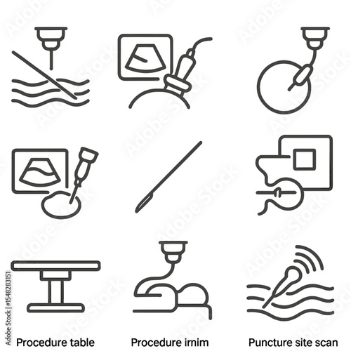 Interventional Ultrasound Icons. Line style icons of interventional ultrasound procedures: needle guided by ultrasound, biopsy