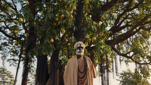 Tribal shaman with ritual body paint performing sacred ceremony near neem tree, yellow fruits dangling, black ropes framing sunset landscape in traditional spiritual setting