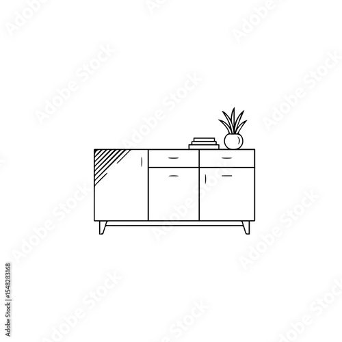 Modern sideboard with three drawers and geometric pattern. Stylish mid century sideboard in minimalist line art style.