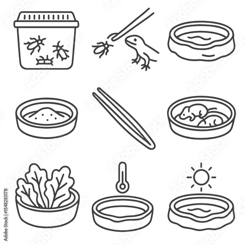 Reptile Feeding Icons. Line style icons of reptile feeding items: insect container, tongs feeding lizard, reptile water bowl,
