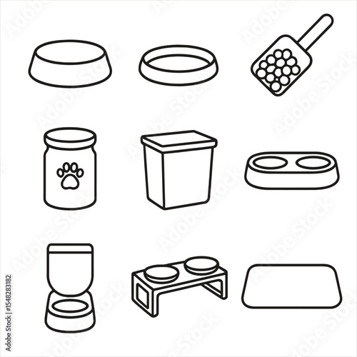 Pet Feeding Icons. Line style icons of basic pet feeding items: pet food bowl, water dish, kibble scoop, treat jar, food storage