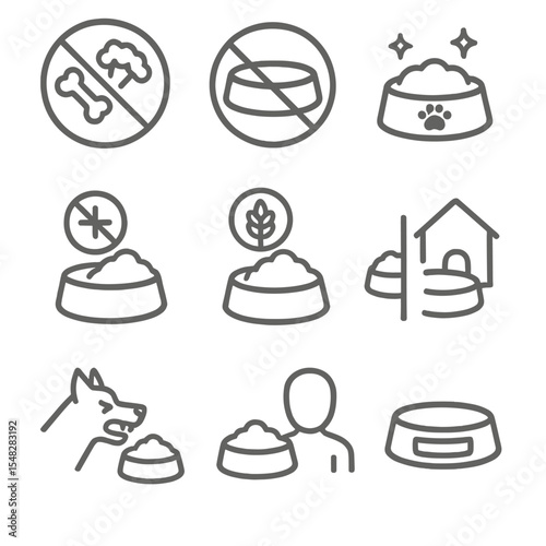Pet Feeding Icons. Line style icons of feeding etiquette and safety: no human food icon, no plastic bowl symbol, clean dish icon,