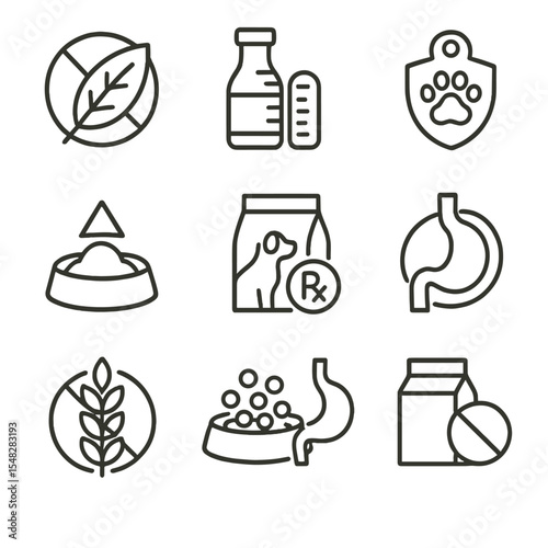 Diet Icon Line Art. Line style icons of feeding for health and diet: hypoallergenic food icon, diet formula label, weight control