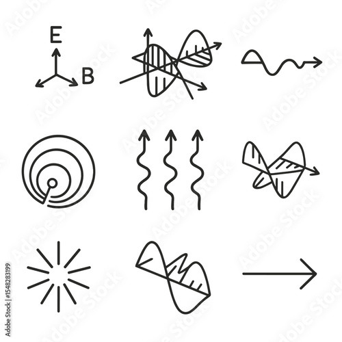 Electromagnetic Wave Icons. Line style icons of electromagnetic wave properties: electric and magnetic field vectors,