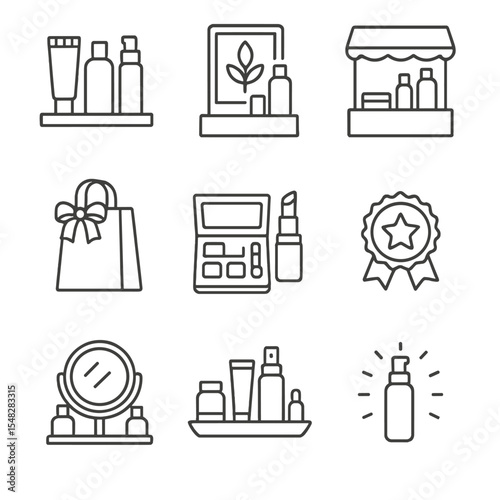 Cosmetic Icon Collection. Line style icons of cosmetic brands and counters: product testers on shelf, brand promo display, beauty