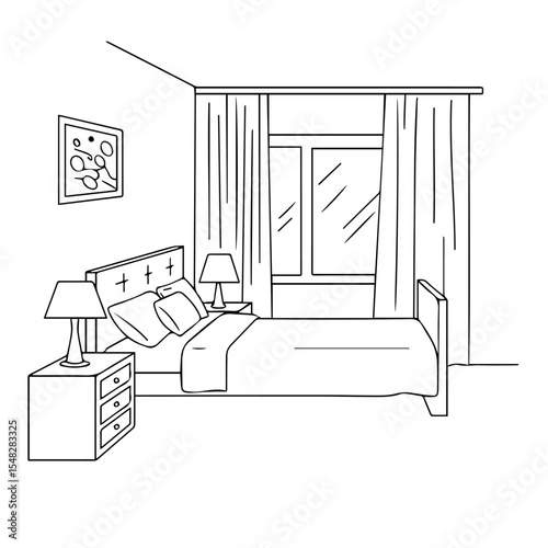 Simple bedroom interior sketch showing bed, nightstands, and window with curtains. Bedroom includes comfortable bed with pillows and bedside tables with lamps.