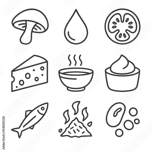 Umami Flavor Icons. Line style icons of umami flavor elements: shiitake mushroom, soy sauce drop, dried tomato, parmesan cheese