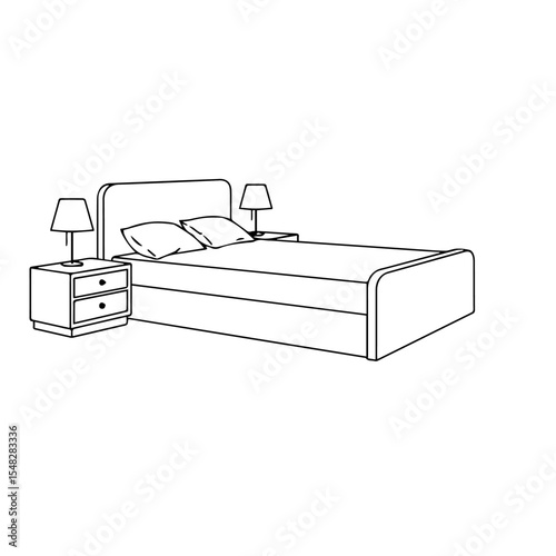 Comfortable bedroom setup with double bed and two bedside tables with lamps. Bedroom includes cozy bedding, pillows, and nightstands. Simple bedroom design for interior design projects.